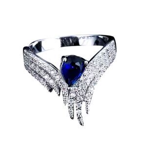 Wing Angel Ring Inlaid Zircon Blue and Diamond Silver Plated
